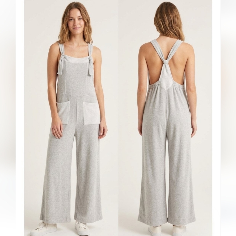 BUCKETLIST Gray Lagenlook Pinafore Terry Cloth Wide-Leg Knit Overall Jumper